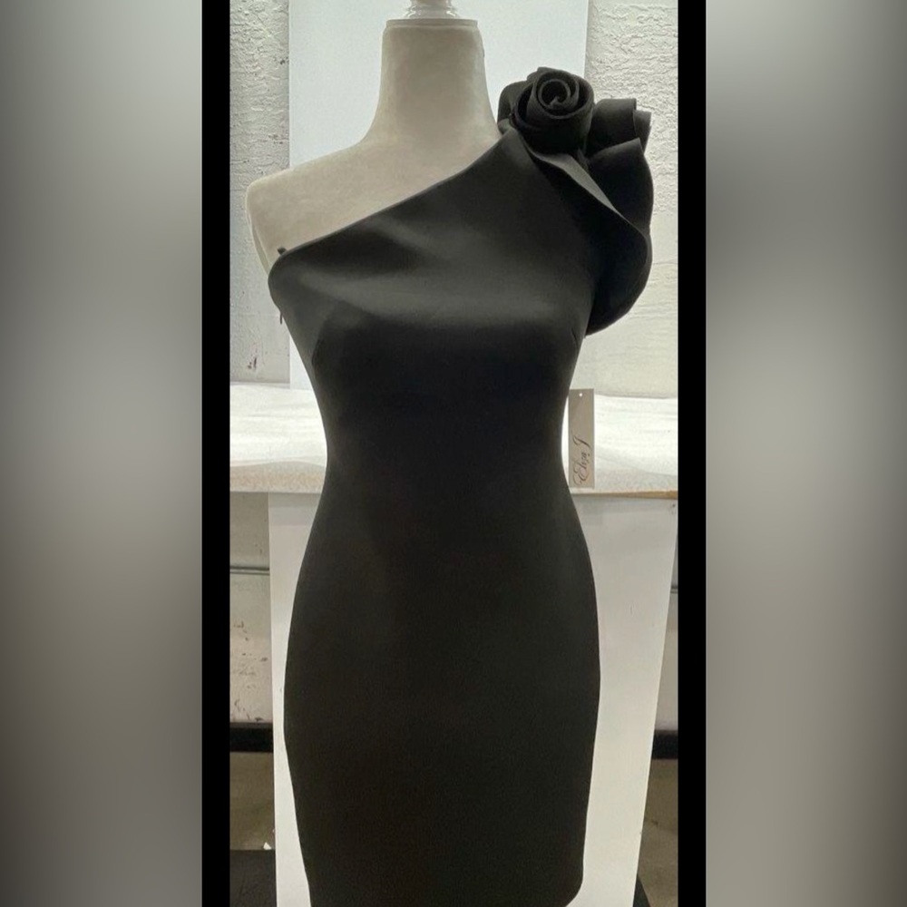 ELIZA J ONE SHOULDER ROSETTE DRESS, NWT, BLACK, Size  8 - Picture 2 of 8